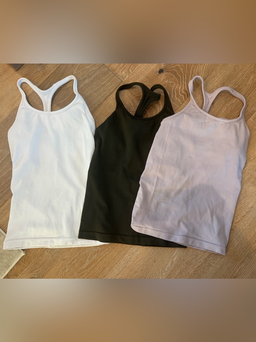 Athleta set of three ribbed tanks with built in bra white, lilac, and green XS